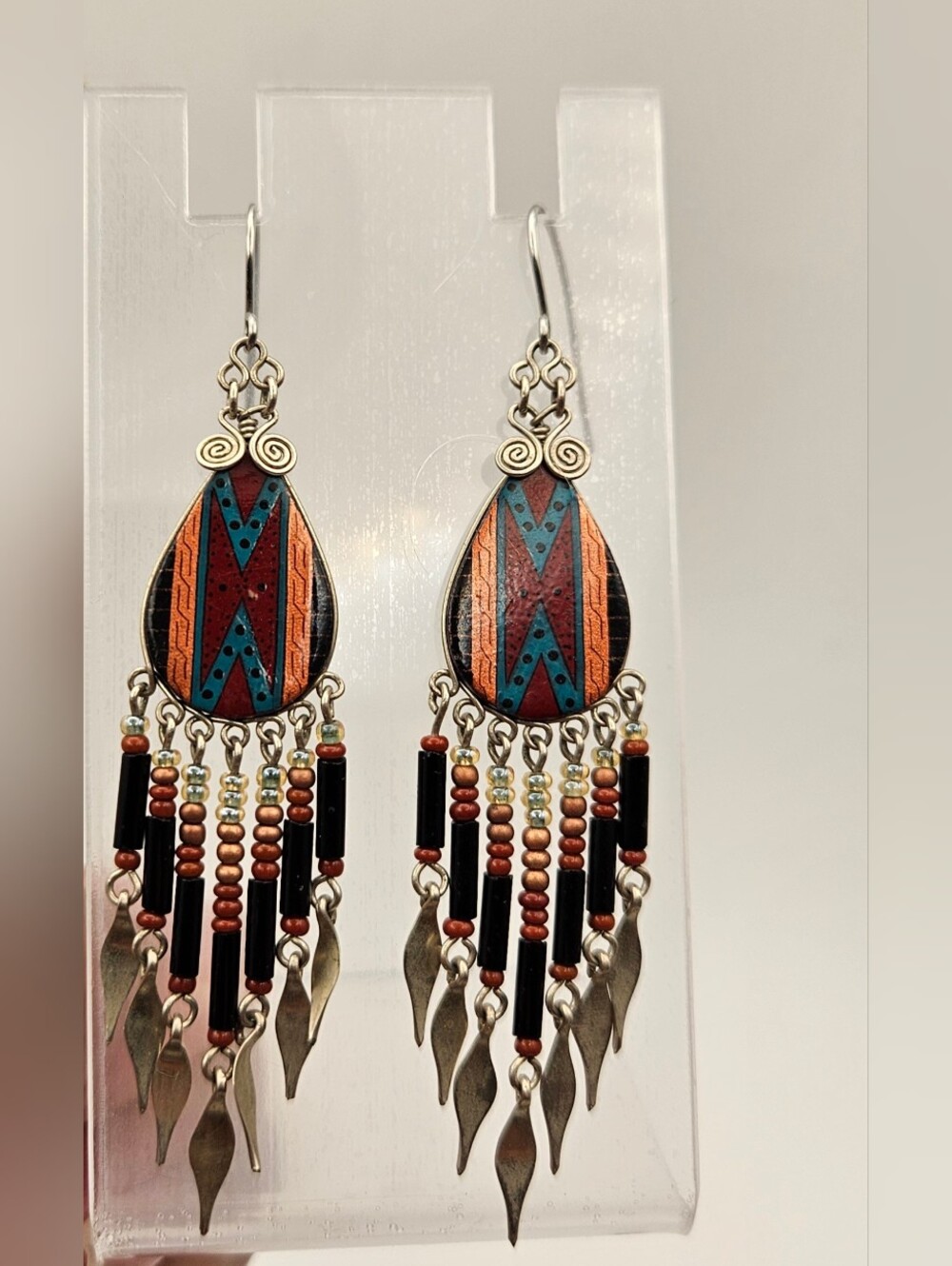 Vintage Boho Beaded Dangle Earrings Southwestern Teardrop Metal Fringe Pierced
